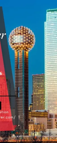 Dallas skyline at dusk with Texas Public Purchasing Association event details and Olameter branding overlay.