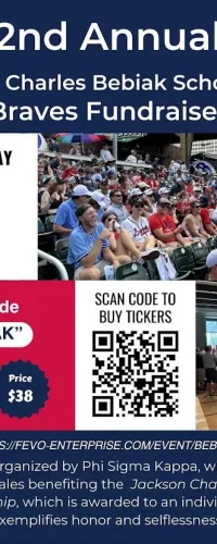 Flyer for 2nd Annual Jackson Charles Bebiak Scholarship Braves Fundraiser at Truist Park on August 8th with ticket info.