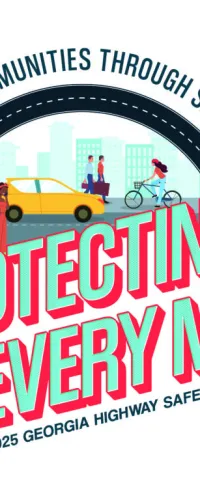 Illustration promoting safe highways with people walking, biking, and driving in a community setting for Georgia safety conference.