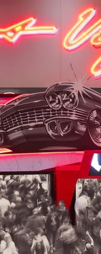 Neon-lit Las Vegas sign with classic car illustration and crowded convention hall at SEMA event.