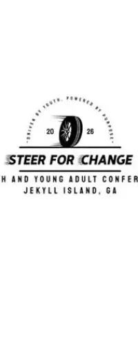 Logo for 2026 Steer for Change youth conference featuring a spinning tire and event details at Jekyll Island, GA.