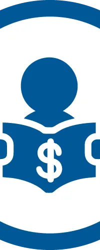 Icon of a person reading a book with a dollar sign, symbolizing financial education or financial literacy.