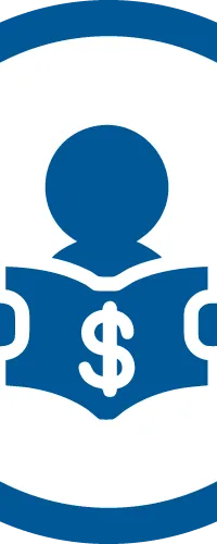 Blue icon of person reading a dollar sign book inside a blue circle on white background