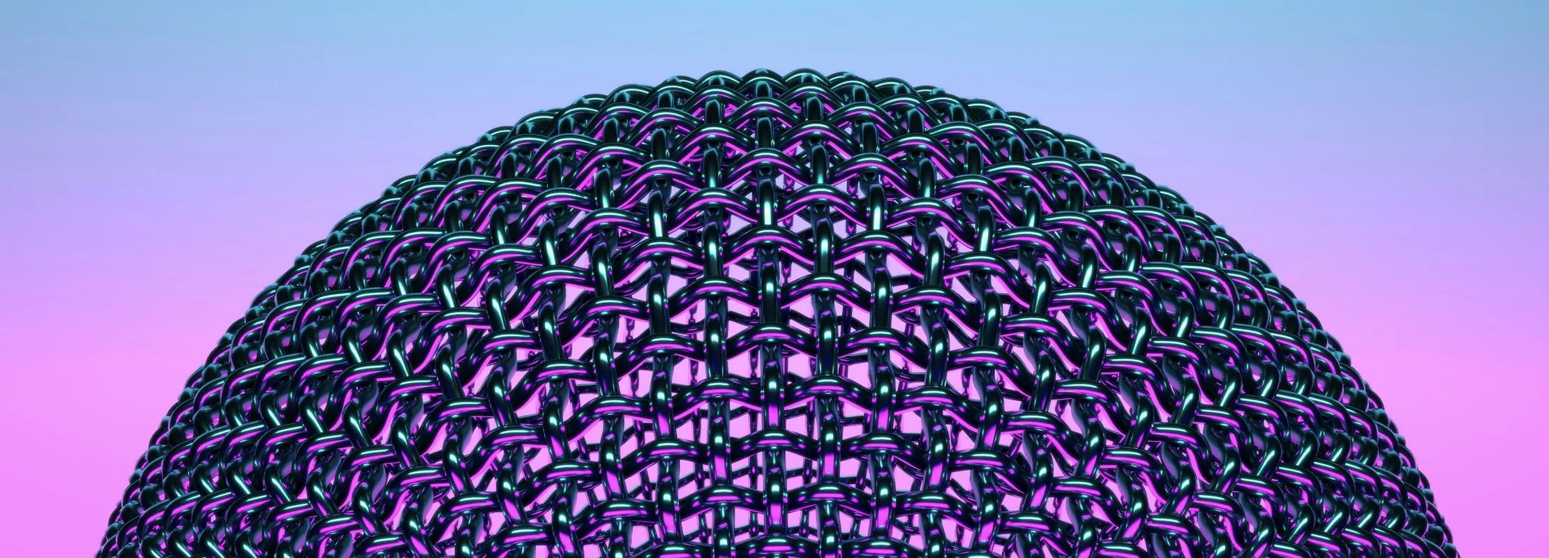 Close-up of metallic woven mesh dome with purple and blue gradient lighting and pastel sky background.