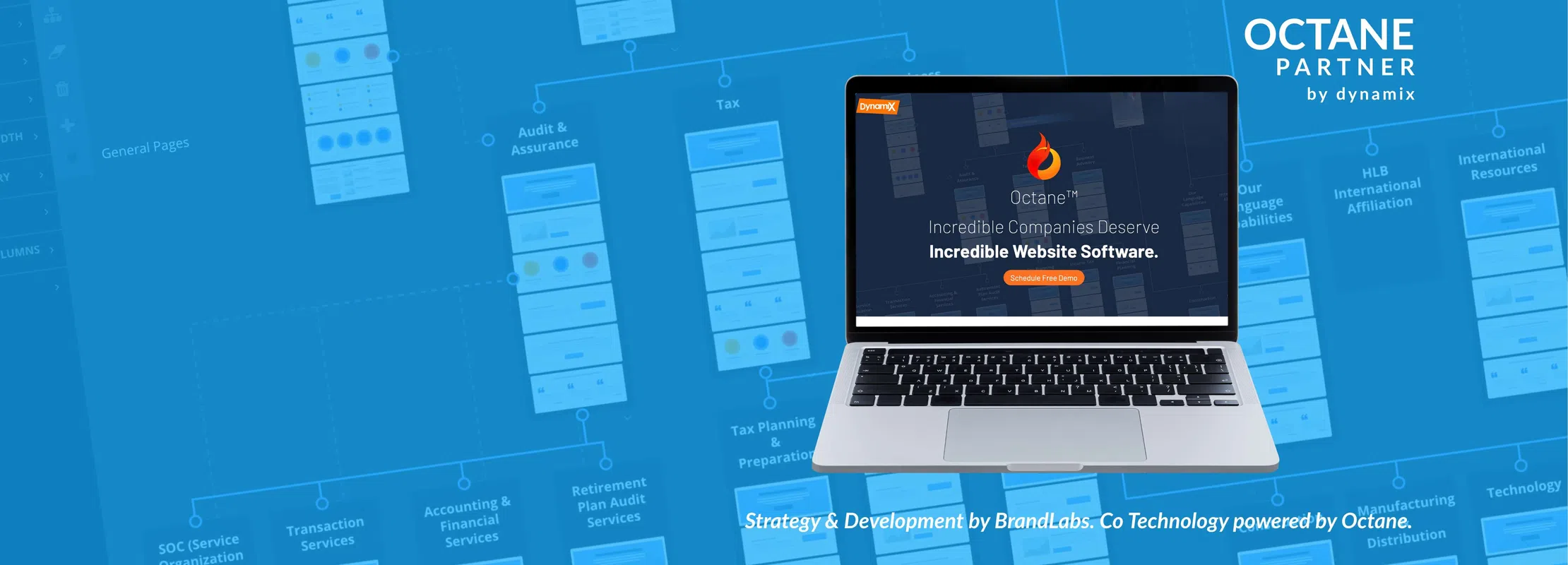 Laptop displaying Octane website software on blue background with flowchart design and Octane Partner branding.