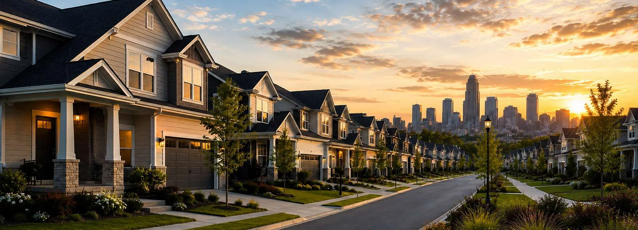 Sunset view of a suburban neighborhood street with modern houses and a city skyline in the background.