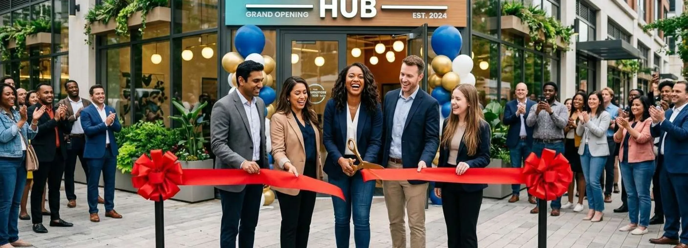 Diverse group cuts red ribbon at grand opening of The Innovation Hub surrounded by applauding crowd.