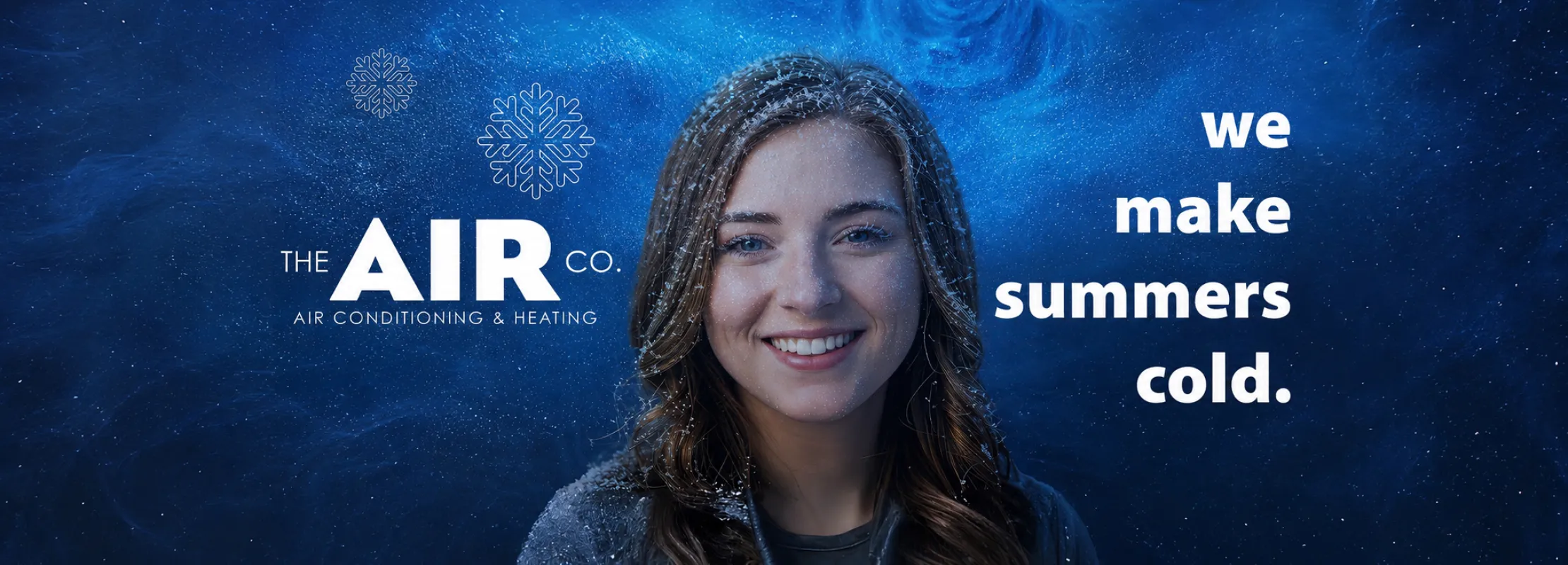 Smiling young woman with snowflakes and cold air theme advertising air conditioning and heating company.