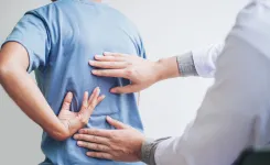 Doctor examining a patient's lower back pain by palpating the spine area in a clinical setting.