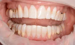 Thumbnail control image for Close-up of upper and lower teeth with some discoloration and dental work in a patient's open mouth.