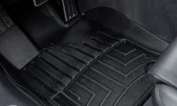 Thumbnail control image for Black WeatherTech floor mat installed in a Porsche Panamera Turbo driver's side footwell with pedals visible.