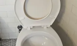 Thumbnail control image for Clean white porcelain toilet with open lid against white tiled wall and hexagonal tiled floor.