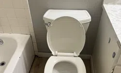 Thumbnail control image for White toilet with open lid next to bathtub and white bathroom cabinet on wood floor.