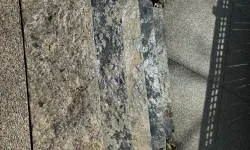 Thumbnail control image for Rough textured stone steps surrounded by rocks and textured concrete pathway with a shadow of a railing
