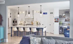Thumbnail control image for a kitchen with white cabinets & blue island