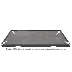 Rectangular gray shower base with raised edges and arrows pointing to inside corners for silicone sealing.