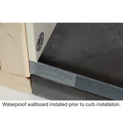 Close-up of waterproof wallboard installed on a floor corner before curb installation in construction.