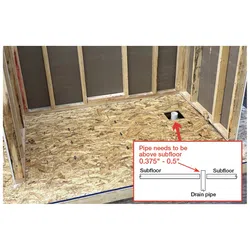 Wooden subfloor with framed walls and drain pipe protruding, showing installation requirements for pipe height.