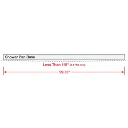 Diagram showing shower pan base with width 59.75 inches and gap less than 1/8 inch (3.1750 mm).