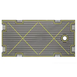 Rectangular metal plate with grooves and yellow lines forming an X and border pattern, featuring a circular hole on right.