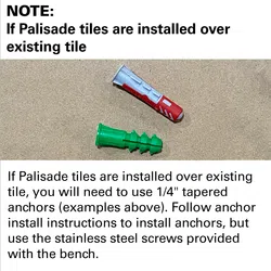 Two tapered plastic anchors, one red and white, one green, used for installing Palisade tiles over existing tile.
