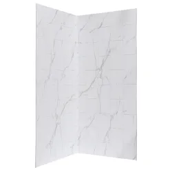Folded white marble-patterned tiles with gray veining on two panels against a white background.