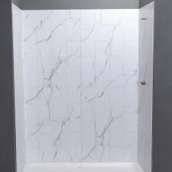 Modern shower with white marble-patterned wall tiles and simple glass door in a minimalist bathroom.