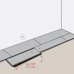 Diagram showing flooring panels installed with 10-degree lift angle for expansion gap of 2-3 cm along the wall.