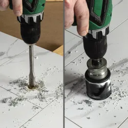 Two images showing close-up of cordless drill with large drill bits cutting holes in white tile surface with metal shavings.