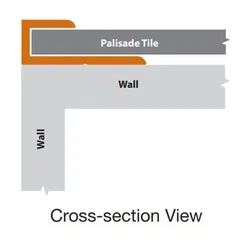 Cross-section view of corner wall with palisade tile installed on top edge showing installation detail.