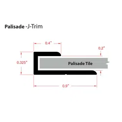 Diagram of Palisade J-Trim with measurements fitting Palisade Tile, showing trim dimensions in inches.