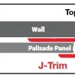 Top view diagram showing wall, palisade panel, and J-Trim in red connecting panel to wall.