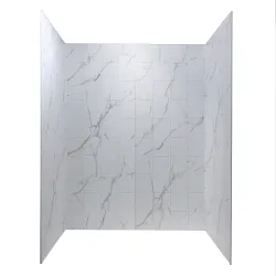 White marble wall tiles with gray veining arranged in a staggered pattern on three sides of room.