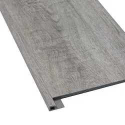 Gray wood-look vinyl flooring plank with interlocking edge for easy installation.