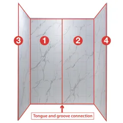 Wall panels numbered 1 to 4 showing marble texture and tongue and groove connection for assembly.