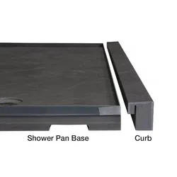 Black rectangular shower pan base with separate matching curb piece for shower installation