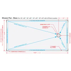 Technical diagram of shower pan base with drain hole, slope details, flange, and dimensions labeled in red and blue.