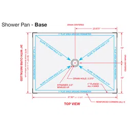 Top view technical drawing of a rectangular shower pan base with detailed dimensions and slopes to drain hole.