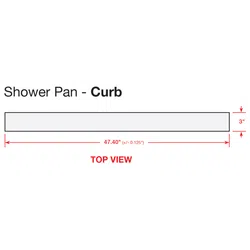Top view of a shower pan curb measuring 47.40 inches long and 3 inches high with labeled dimensions.