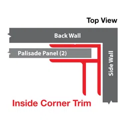 Diagram showing inside corner trim with back wall, side wall, and palisade panels in a top view layout.