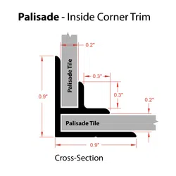 Cross-section diagram of Palisade inside corner trim with measurements for tile installation.
