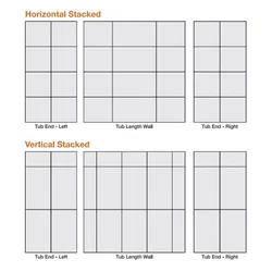 Diagram showing horizontal and vertical stacked tile layouts with labeled tub end left, tub length wall, and tub end right sections.