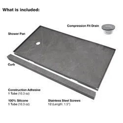 Shower pan kit components including shower pan, curb, compression fit drain, adhesive tubes, and steel screws.