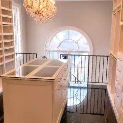 a kitchen with a chandelier