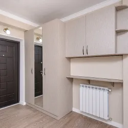 a room with white cabinets