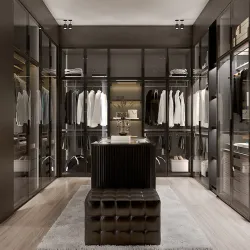 a room with a large display of clothing