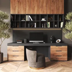 a black desk with a computer and a chair in front of a office desk with books