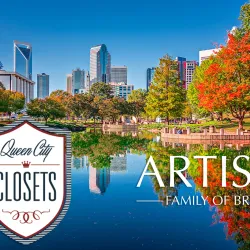 Charlotte skyline featuring Queen City Closets and Artisan Family of Brands logos.