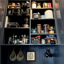 a shelf with various items on it