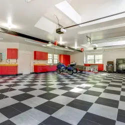 a motorcycle parked in a large room